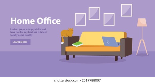 Working at Home Office Desk Room concept modern room in sofa, wall-frame. lamp-stand, and text home office cozy cat, laptop, book, in sofa