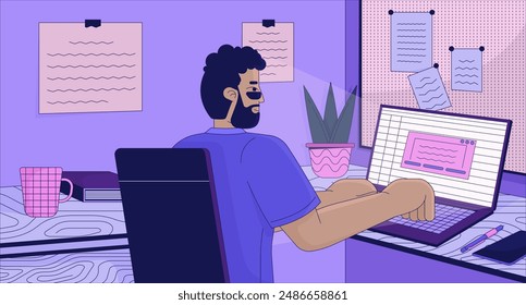 Working from home office lofi wallpaper. Typing freelancer african american man at laptop 2D cartoon flat illustration. Corporate job late night chill vector art, lo fi aesthetic colorful background