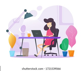 Working from home office person sitting on table workplace or freelancer girl distance job online on laptop computer work desk in house room vector flat colorful cartoon, learning or study idea