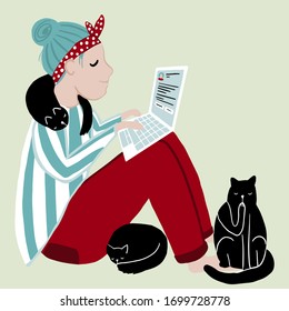 Working at home office with three cats. Stay home