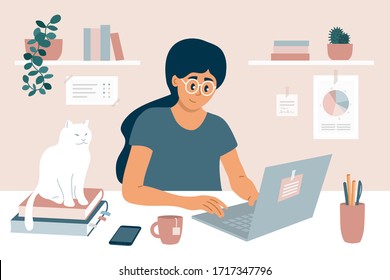 Working at home office. Young woman sitting behind work table, chatting online with colleagues using laptop. E-learning, studying or education concept. Freelance girl and white cat vector illustration