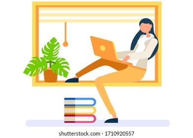 Trabajando en casa en la pantalla del ordenador, hablando en línea en la oficina digital. Cómodas casas de trabajo sentadas en casa para hablar en la oficina. Trabajador de comunicación, personaje femenino en casa humana. Vector