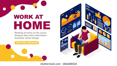 Working at home on the couch analyzing infographic information isometric vector design