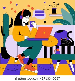 Trabajar desde casa en un sofá con una computadora portátil y un gato durmiendo cerca