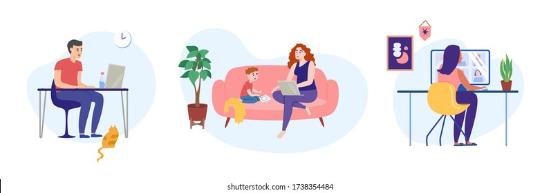 Working from home on laptops and screens, stylish home office for mother, kids, parent, freelancer with online business, nomad in quarantine. Flat style vector illustration