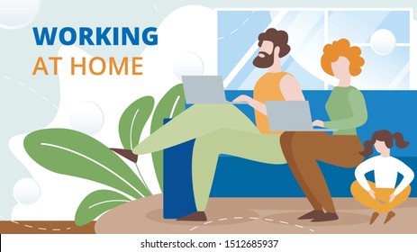 Working at Home, Online Business, Freelance Work Flat Vector Concept with Couple with Child Networking on Sofa, Father and Mother Using Laptop, Messaging Online from House Living Room Illustration