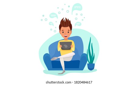 Working from home, online education or remote, distance work. Young man freelancer is working at tablet in his room. People at home in quarantine. Vector flat cartoon illustration  