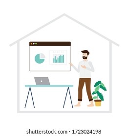 Arbeiten Sie zu Hause Online Präsentation Speaker Konzept Illustration. Jugendfreelancer, die an Laptops Conference Call und Computern zu Hause für Quarantäne arbeiten. Vektorhintergrundbanner.