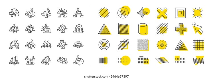 Zuhause arbeiten, Online-Team-Mitarbeiter, Remote-Geschäftsstelle. Design Form Elemente. Symbole für Teamwork-Zeilen. Künstliche Intelligenz, Wachstumsdiagramm, Online-Jobzeilensymbole. Vektorgrafik