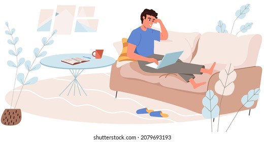 Working at home people concept in modern flat design. Man remotely works on laptop while sitting on sofa at living room. Freelancer doing tasks online, person scene. Vector illustration for web banner