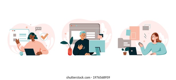 Working from home. People working at home. Coworking space,Young people freelancers working with laptop at home, Online job and home office concept, Social marketing with concept vector illustration. 