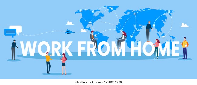 Working at home, people work online all over the world through the internet. Modern flat style vector illustration design with a white background
