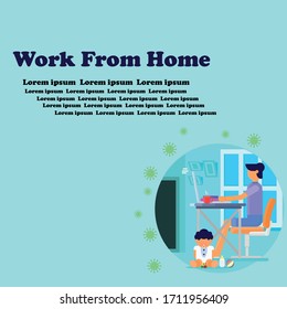 Working from home, person sitting on table desk computer workplace in house room and dribble flat vector design, vector illustration