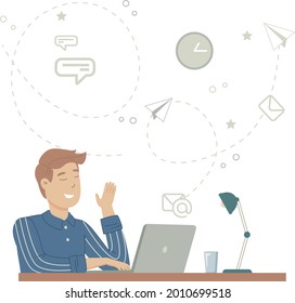 Working at home programmer freelancer online sitting in the office or home at the computer, laptop. Videochat. Happy man designer. icons. vector illustration