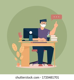 Working from home in quarantine. Home office in Covid-19 outbreak vector illustration. Coronavirus home office situation
