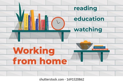 Working from home. Reading, education, watching. Book shelves. Learning new. Coronavirus quarantine