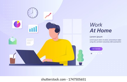 Working from home at relaxed place, freelancer working on computer at home, coworking space, part time outsources, remote job, Suitable for web landing page, ui, mobile app, banner template.