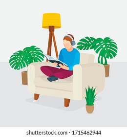 Working from home and relaxing. Cartoon character with book in armchair, green decorative plants and lamp. Vector illustration, part of set.