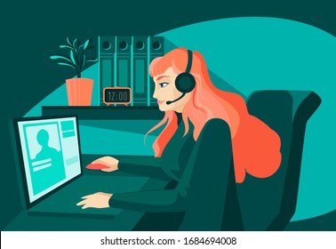 Working from home, remote job. Woman using laptop cartoon vector background. Online shopping. Freelance, e-learning concept.Girl studying defend from virus. avoiding corona viruses 