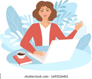 Working from home, remote job. Woman using laptop cartoon vector background. Online shopping. Freelance, e-learning concept.Girl studying defend from virus. avoiding corona viruses 