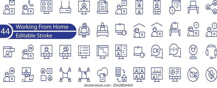 Working from home remote vector icon set illustration black and white Teleworking from home work remote vector icon set