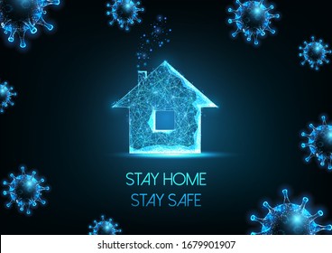 Working from home, self quarantine due to coronavirus pandemic concept with glowing low polygonal virus cells and residential house. Stay home, stay safe.  Modern wire frame mesh design vector image.