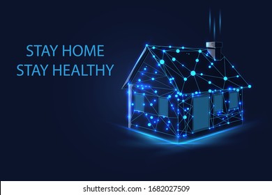 Working from home, self quarantine due to coronavirus pandemic concept with glowing low polygonal virus cells and residential house. Stay home, stay safe. Modern wire frame mesh design vector image.