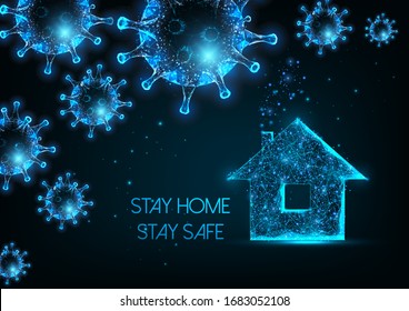 Working from home, self quarantine due to coronavirus pandemic concept with glowing low polygonal virus cells and residential house. Stay home, stay safe. Modern wire frame mesh design vector image.