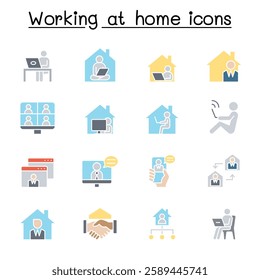 Working at home  set in flat color style