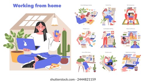 Working from Home set Modern remote work lifestyle showcased through diverse scenarios Comfort at home office, family integration, and pet bonding Vector illustration