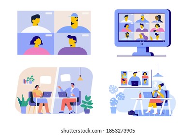 Working at home set. Virtual meeting. Online conference. Young people working on laptops and computers at home. Flat style Vector illustration set