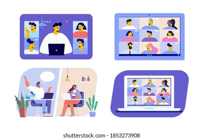 Working at home set. Virtual meeting. Online conference. Young people working on laptops and computers at home. Flat style Vector illustration set