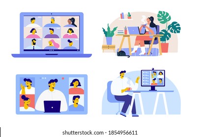 Working at home set. Virtual meeting. Online conference. Young people working on laptops and computers at home. Flat style Vector illustration set