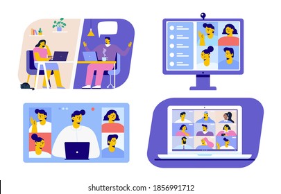 Working at home set. Virtual meeting. Online conference. Young people working on laptops and computers at home. Flat style Vector illustration set