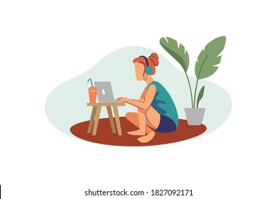 Trabajar desde casa, espacio de trabajo, ilustración conceptual. Jóvenes, hombres y mujeres independientes que trabajan en laptops y computadoras en casa. Ilustración de estilo plano vectorial