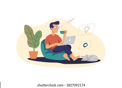 Trabajar desde casa, espacio de trabajo, ilustración conceptual. Jóvenes, hombres y mujeres independientes que trabajan en laptops y computadoras en casa. Ilustración de estilo plano vectorial