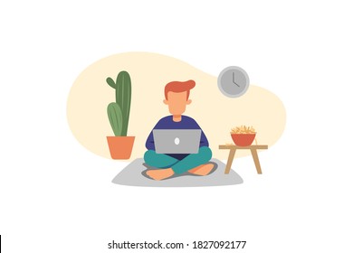 Working from home, working space, concept illustration. Young people, man and woman freelancers working on laptops and computers at home. Vector flat style illustration