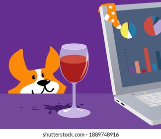 Working from home station with a glass of wine a corner of a laptop with a toddler's sock on it and a pet lurking on the background, EPS 8 vector illustration