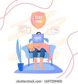 Working at home. Stay Home typography. Man with laptop on the sofa with dog. Communicates and works online via a laptop. Used for landing pages. Cute illustration in flat style cartoon.