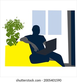 Working from home stock illustration.  Man sitting on couch with his laptop computer. He's surfing the internet