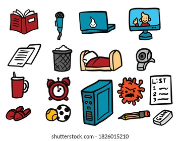 working from home, studying during the virus. 16 icons. 