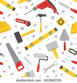 Working home tools seamless pattern. Building and repairing theme. Home repair. Hand drill, screwdriver, saw, pliers, hammer. Construction tools. Hand tools for home renovation and construction. Flat 