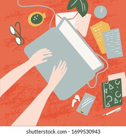 Working from home. top view of hands typing on laptop concept. Working place concept. Vector illustration. Working at home