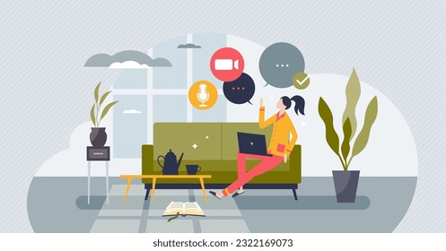 Trabajar desde casa y usar la comunicación digital para el concepto de persona diminuta en el trabajo. Herramientas Web para llamadas de voz y video con micrófono para la administración efectiva de proyectos desde ilustraciones vectoriales a distancia.
