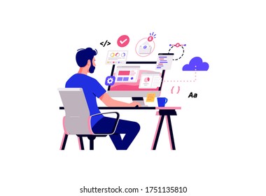 Working at home vector flat style illustration  Online career  Coworking space illustration  Young man freelancers working laptop computer at home  Study at home in quarantine