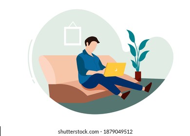 Working at home vector flat style illustration. Online career. Coworking space illustration. Young man freelancers working on laptop or computer at home. Study at home in quarantine