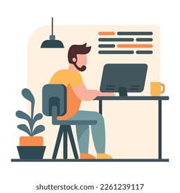 Working at home vector flat style illustration. Online career. Coworking space illustration. Young man freelancers working on laptop or computer at home. Study at home in quarantine