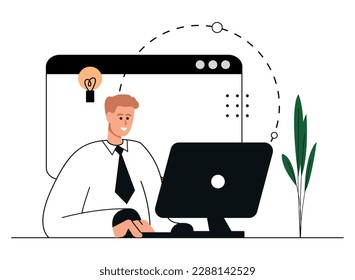 Working at home vector flat style illustration. Online career. Coworking space illustration isolated on background. Young man freelancers working on laptop or computer at home. Study at home concept