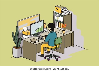 Working at home vector flat style illustration. A man working on his laptop. Online career.