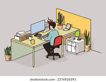 Working at home vector flat style illustration. A man working on his laptop. Online career.